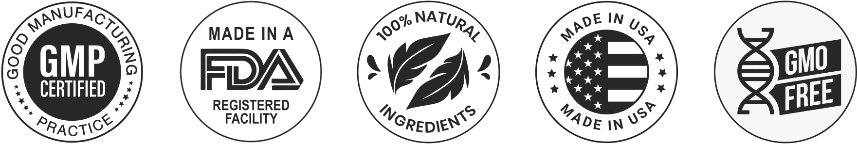 GMP Certified, FDA Registered, 100% Natural, Made in USA, GMO Free